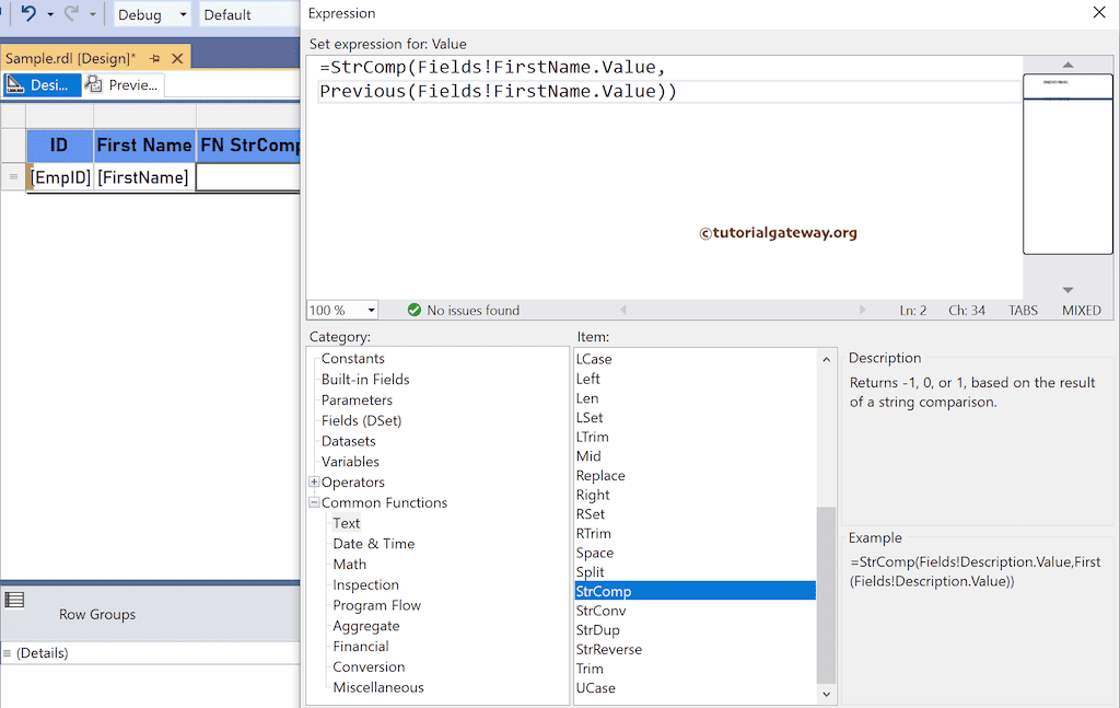 StrComp Function expression to perform string comparison on two fields