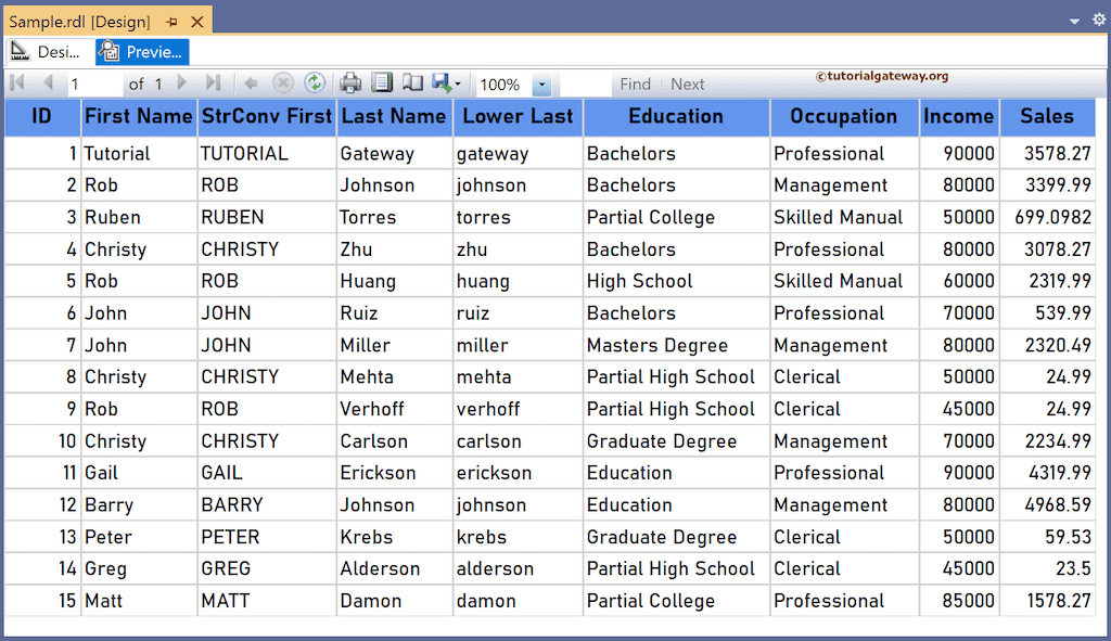 SSRS StrConv Function for string conversion to lower and upper case