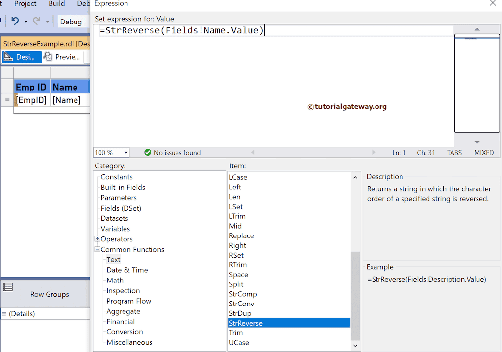 StrReverse Function expression to reverse the characters order
