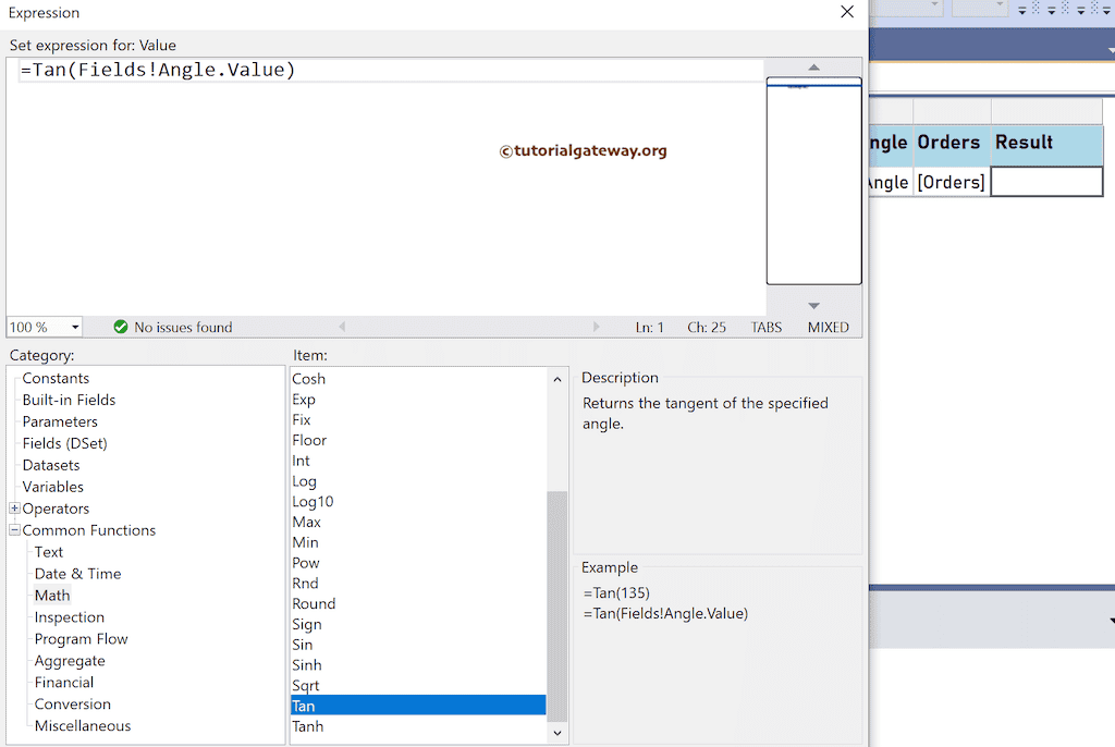 Tan Function expression to find the tangent value