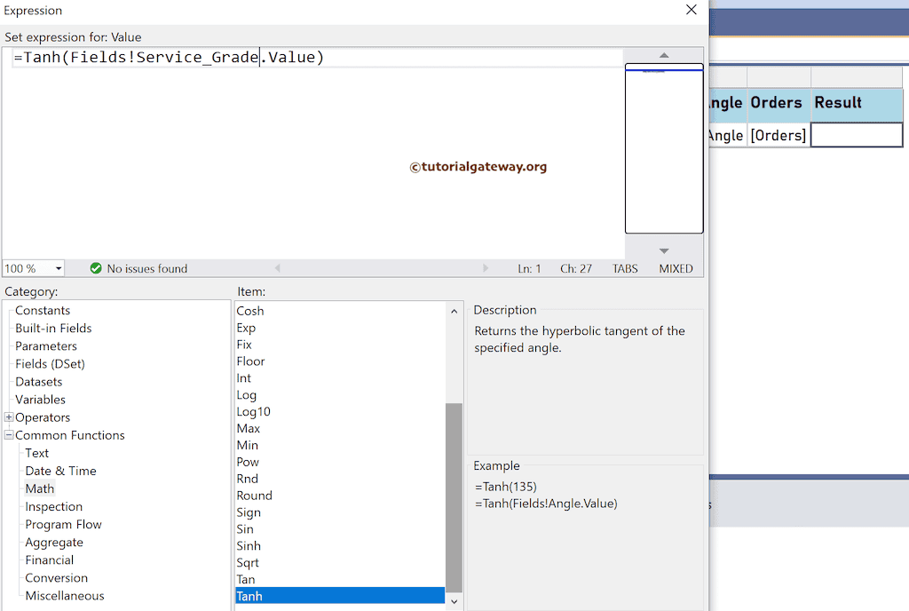 Tanh Function expression to find the hyperbolic tangent value