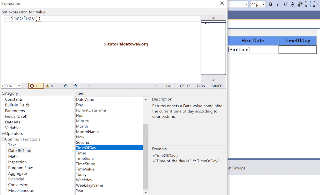 TimeOfDay Function expression to returns time of the day