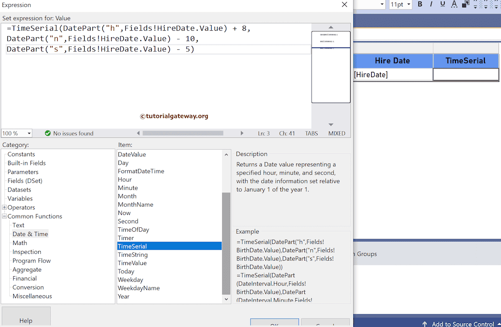 TimeSerial Function Expression to construct Time from Hour, Minute, ad Seconds information