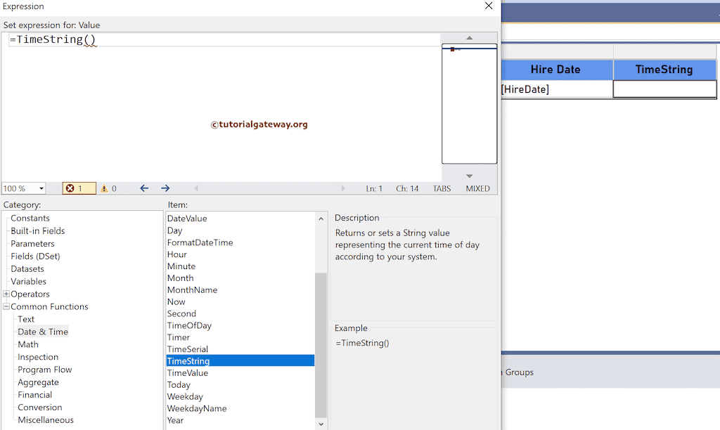 TimeString Function expression to print current local time of the day