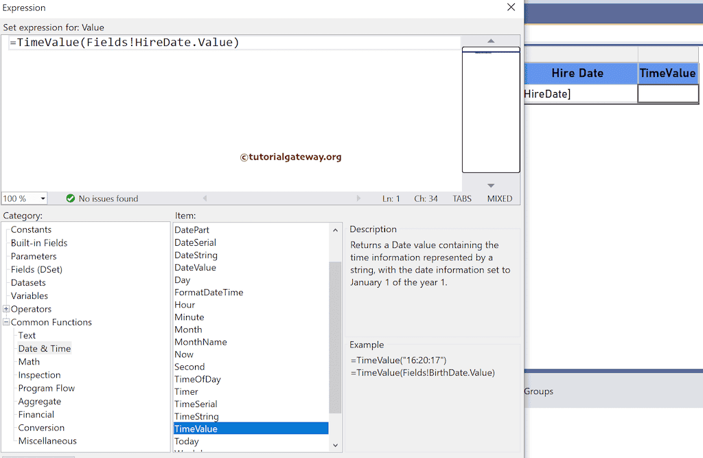 TimeValue Function  expression to return the time value from DateTime and date as January 1, 0001
