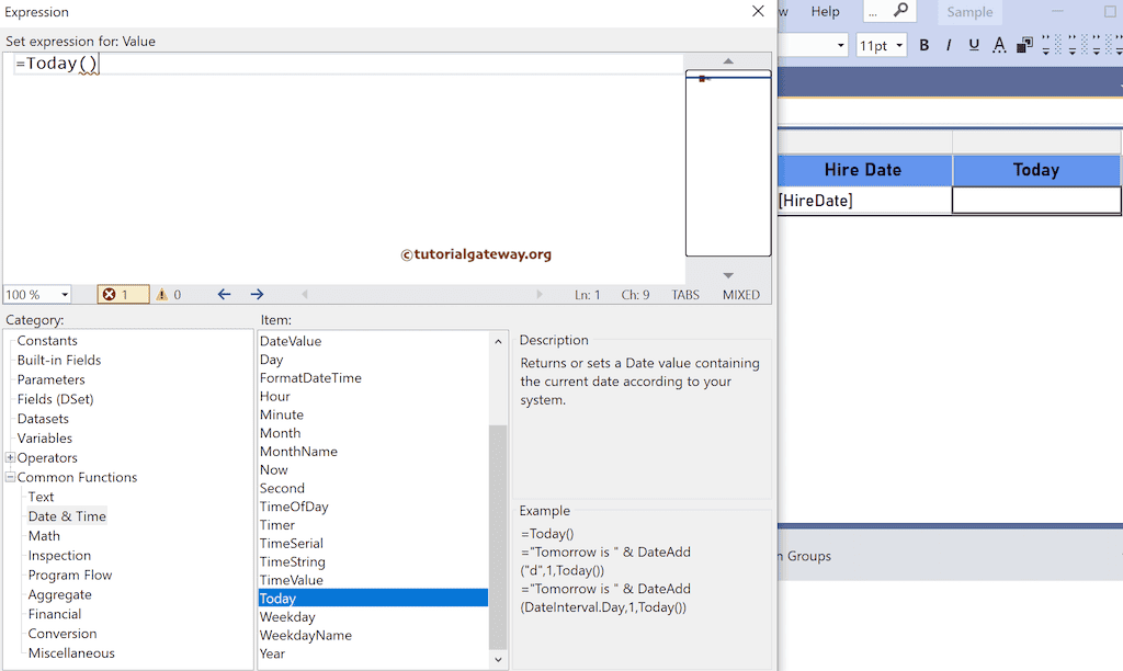 Today Function expression to print current local date