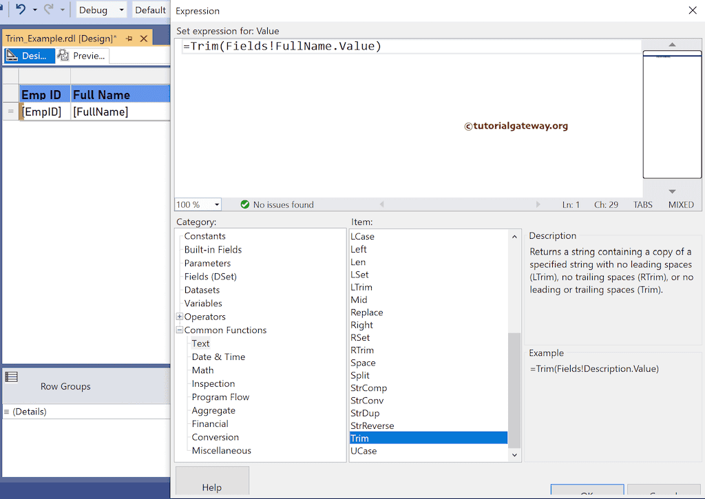 Trim Function expression to remove spaces from left and right side