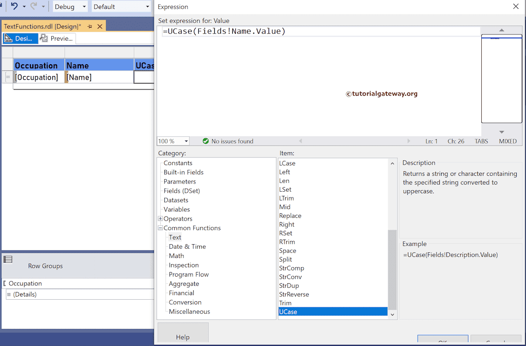 UCase Function expression to convert the string to uppercase