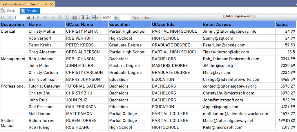 SSRS UCase Function to convert the lowercase characters to uppercase string preview