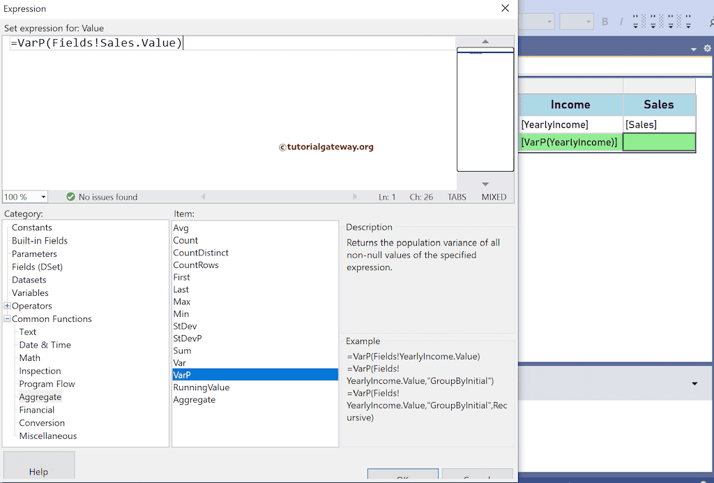 SSRS VarP Function expression to find the Population Variance of sales