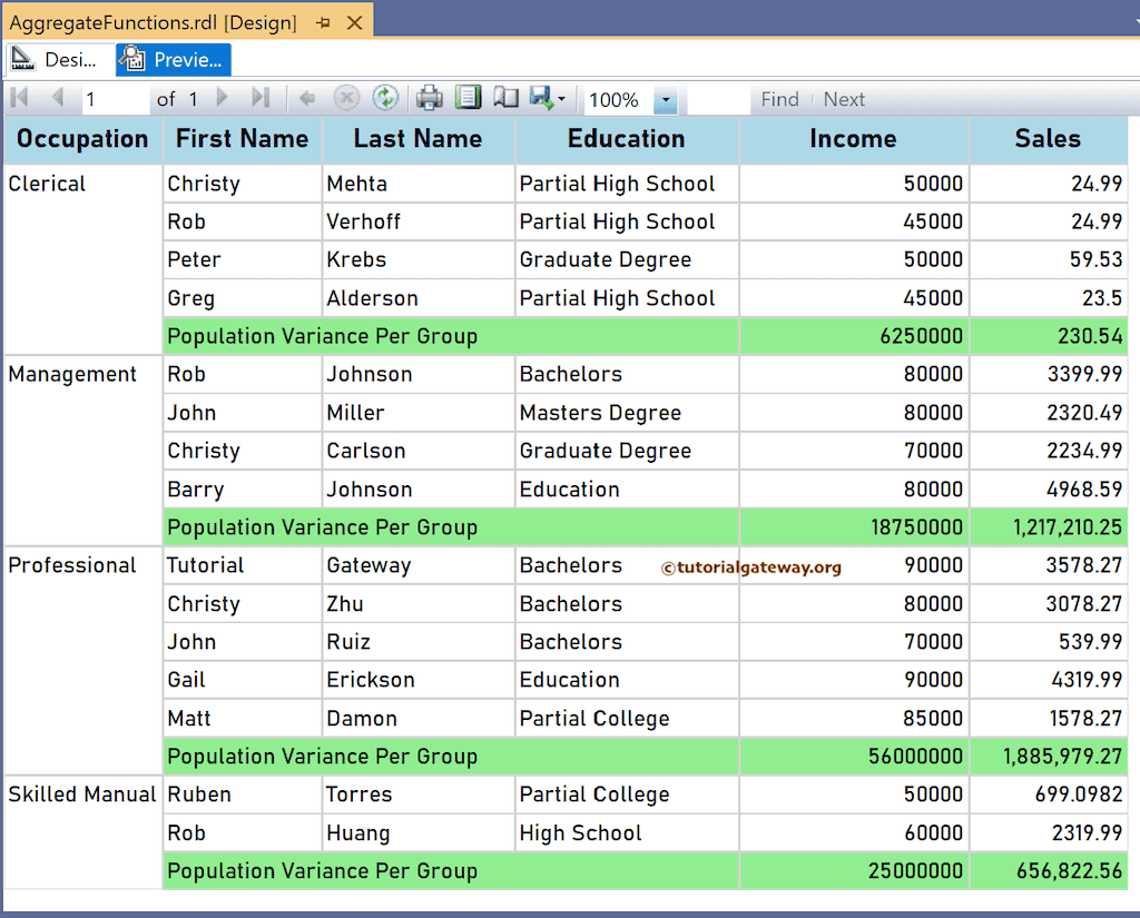 SSRS VarP Function to Calculate Population Variance Preview