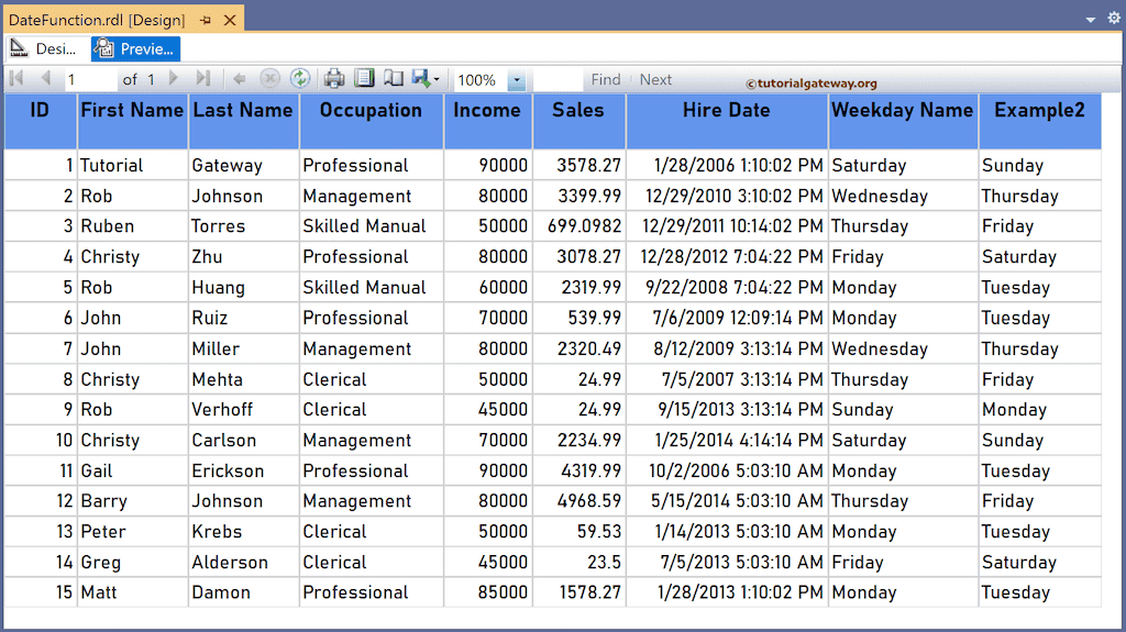 SSRS WeekdayName Function to find the name of the weekday preview