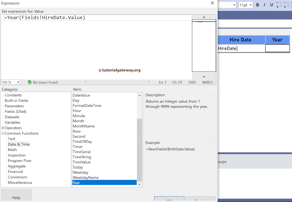 Function to return year from Date and Time