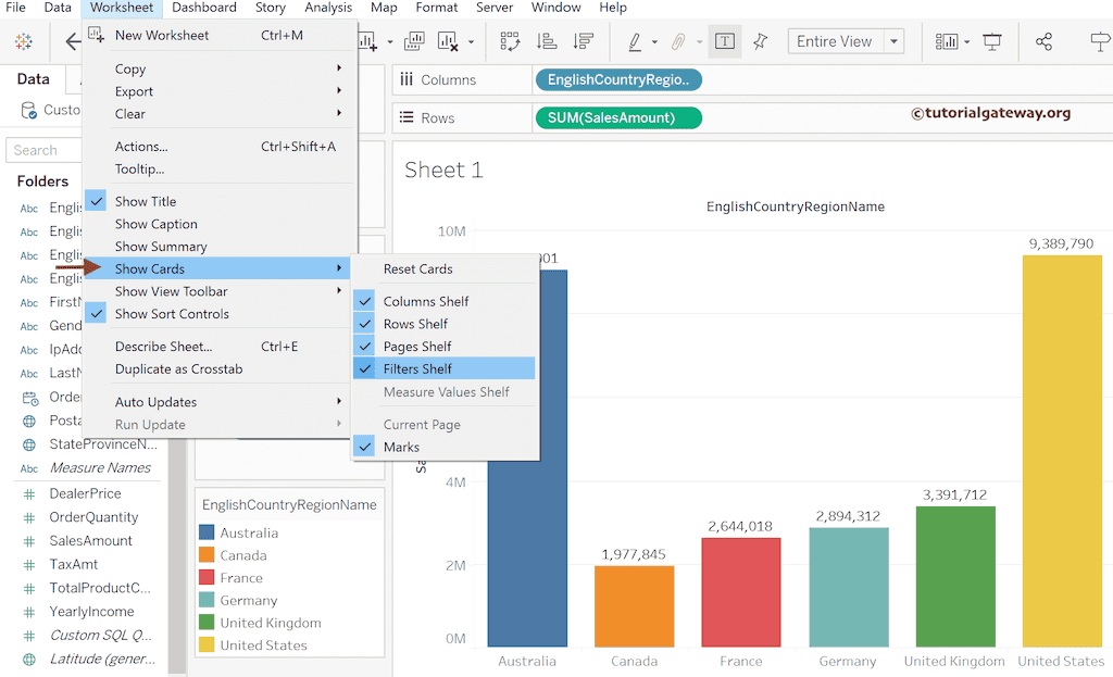 Use Worksheet Menu to Show or Hide Tableau Cards and Shelfs