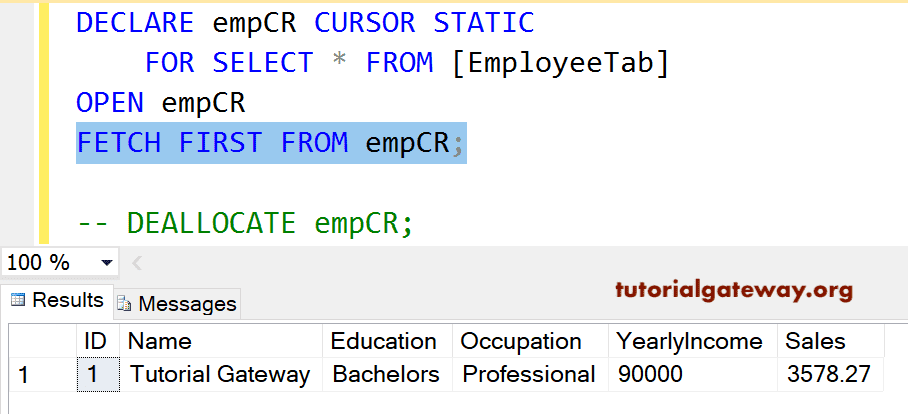 FETCH FIRST FROM Cursor Example