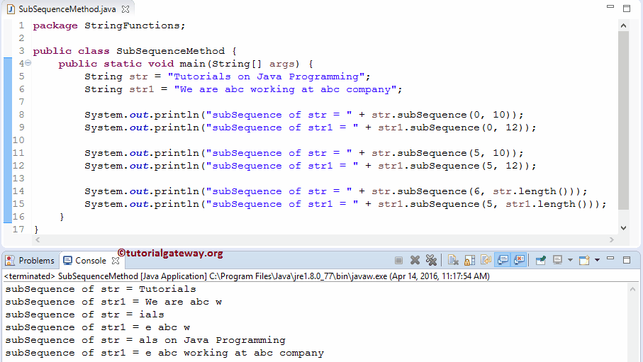 String subSequence Example
