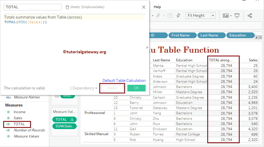 Tableau Table Total Function 17