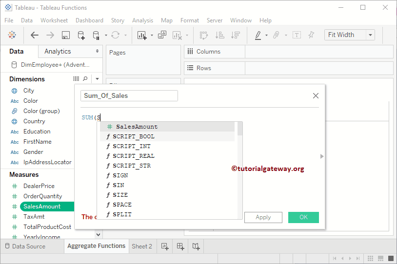 Tableau Sum Aggregate Functions 2