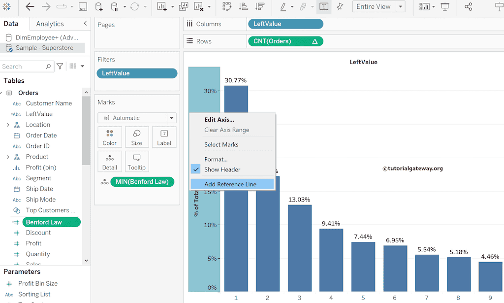 Add Reference Lines to Tableau Benfords Law Chart 