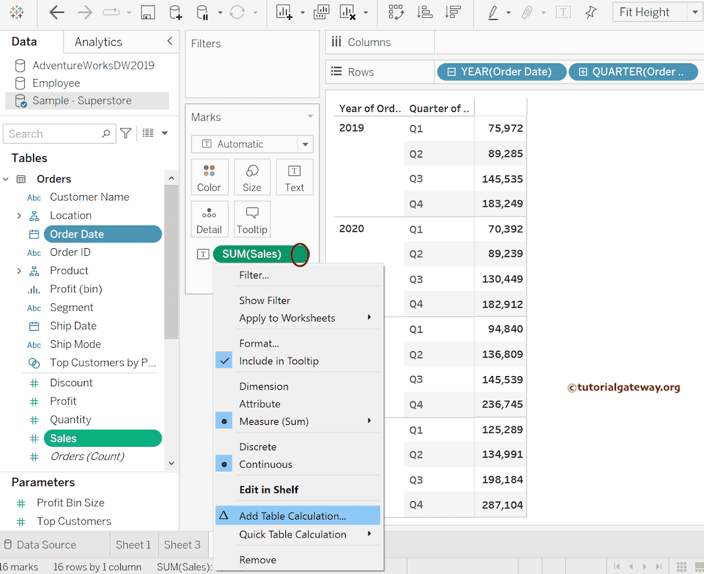 Add a Table Calculation on Sum of Sales