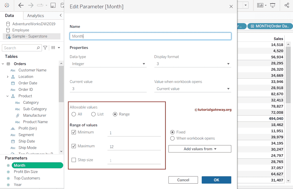 Create Month Parameter with Minimum and Maximum Range value