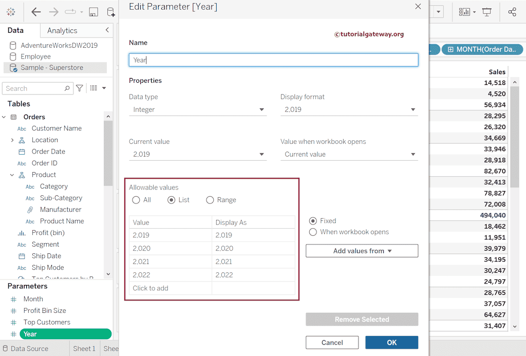Create a Year Parameter