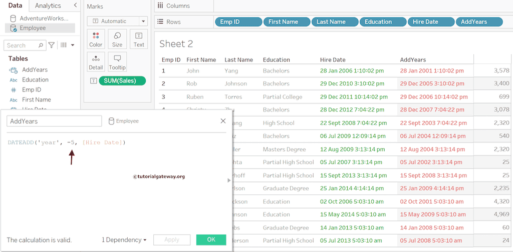 Tableau DATEADD Function to Subtract 5 Years from the date