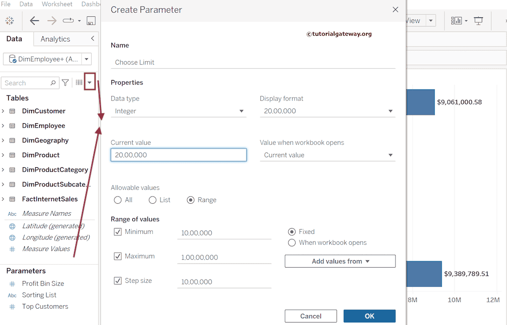Create a Tableau Parameter to enter the minimum and maximum KPI values