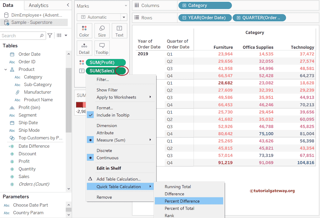 Tableau Percentage Difference Using Quick Table Calculation
