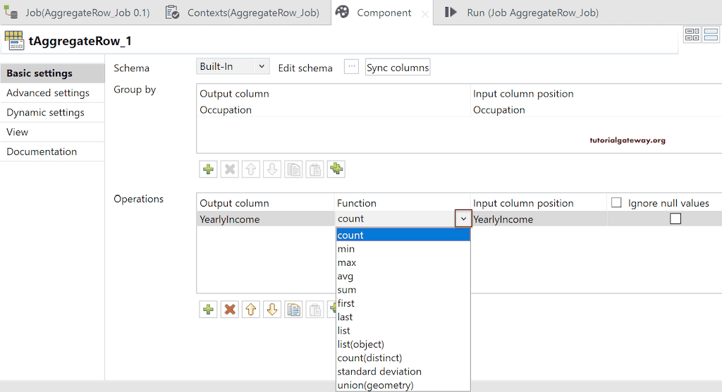 List of available functions in Talend Aggregate Row