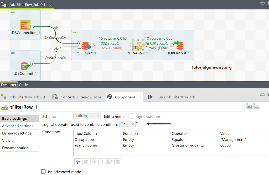Talend Filter Rows using Logical Or operator