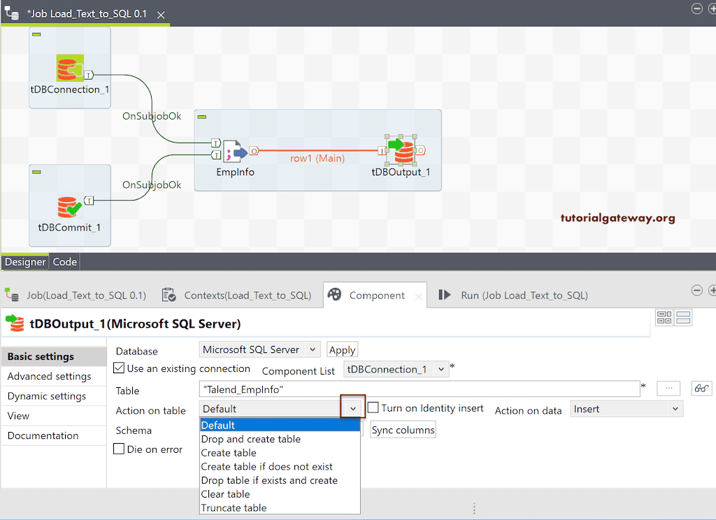 Action ON Table options in Talend Load Data from Text File to Database 