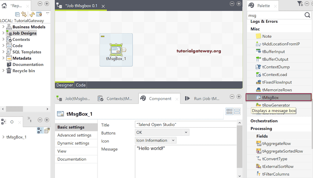 Talend tMsgBox Message Box 1
