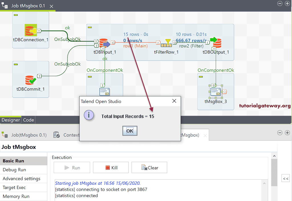 Talend tMsgBox to display the total records in a Message Box