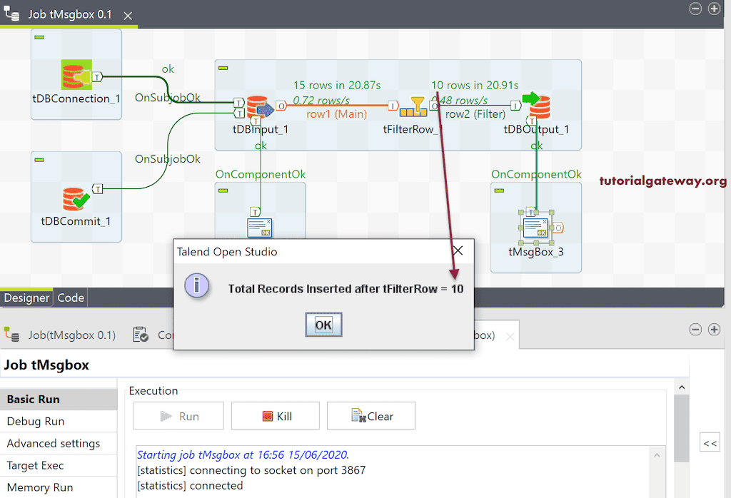 Talend tMsgBox to display the total inserted rows in a Message Box