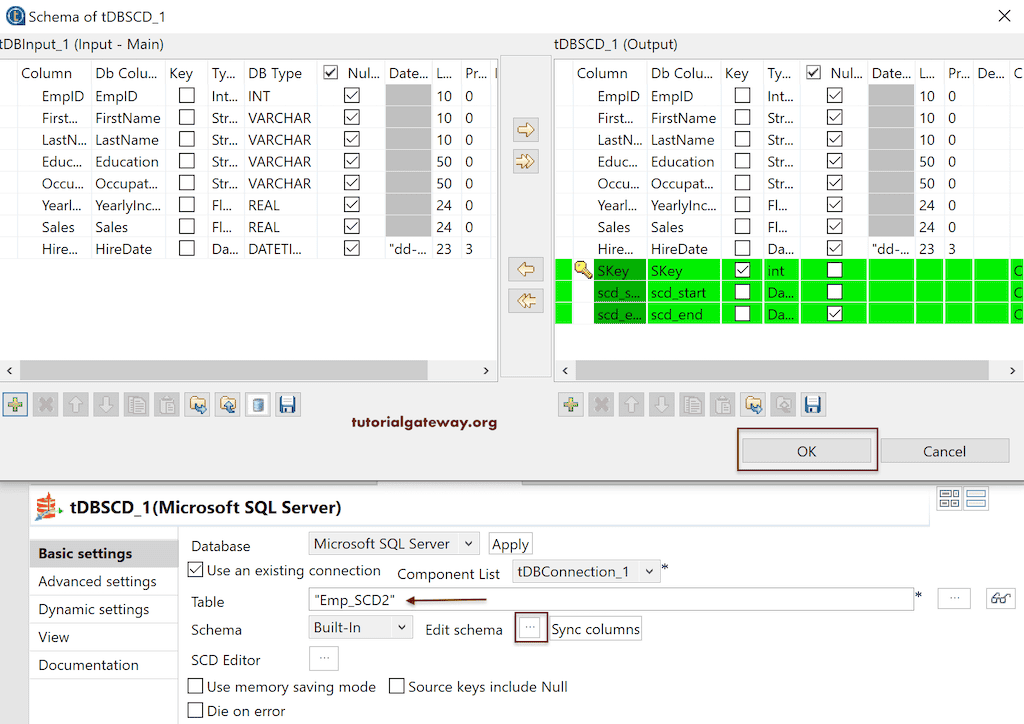 Talend tDBSCD tool for SCD Schema settings