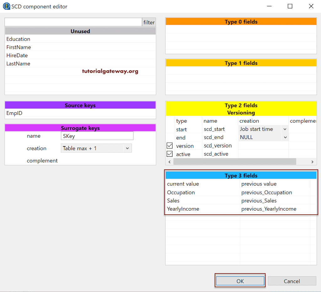 Talend tDBSCD tool for SCD Type 3 Component Editor