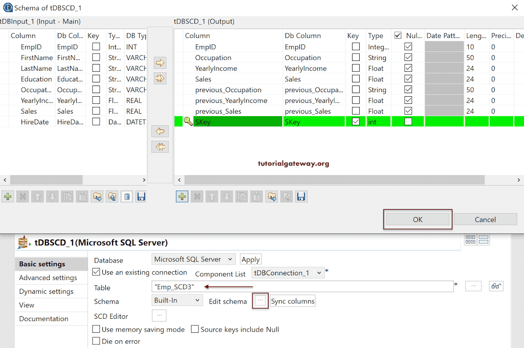 Talend tDBSCD tool for SCD Type 3 Scheme Editor