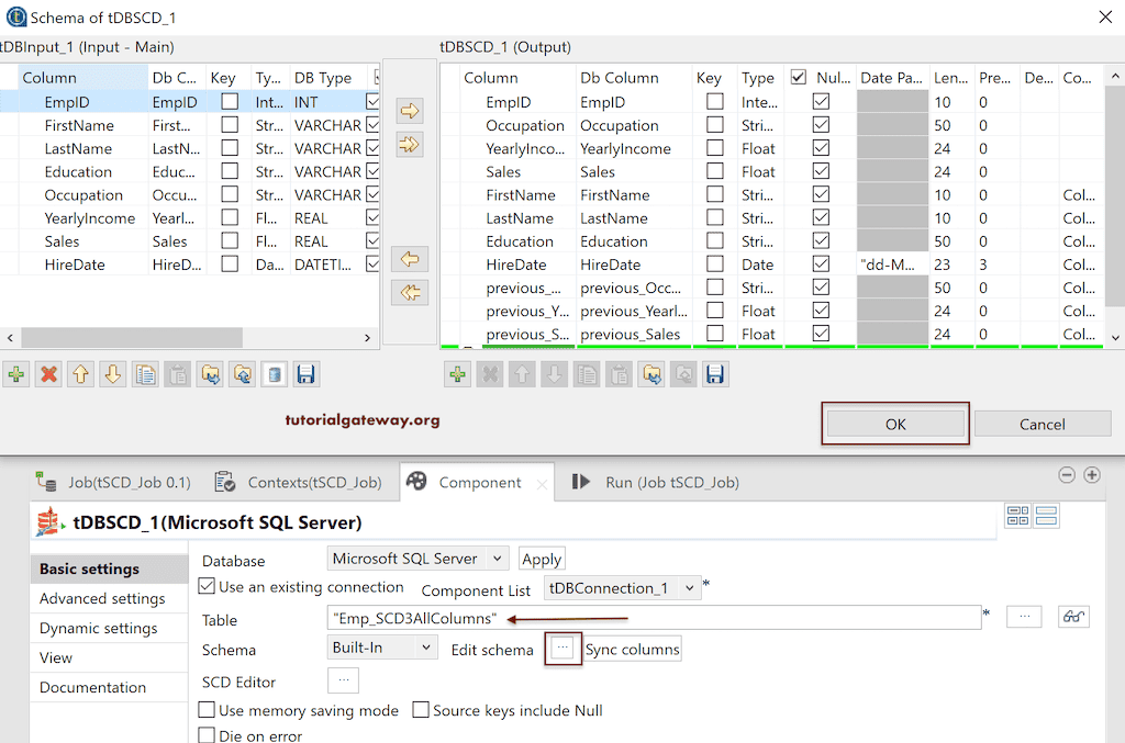 Talend tDBSCD tool for SCD Type 3 unused columns schema