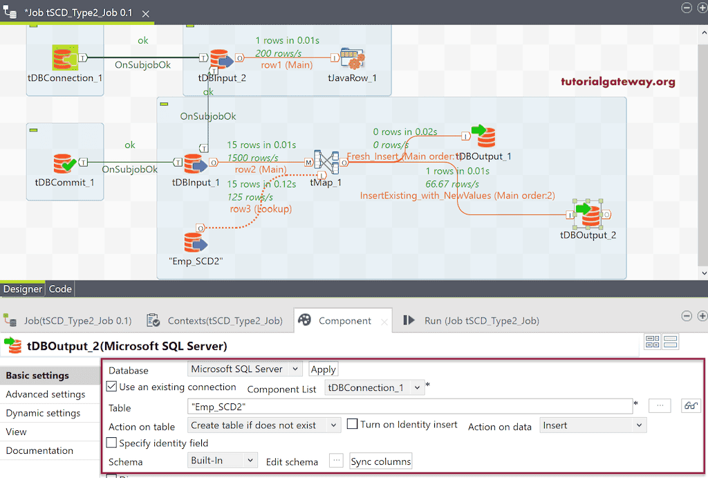 Configure the tDBOutput of the custom