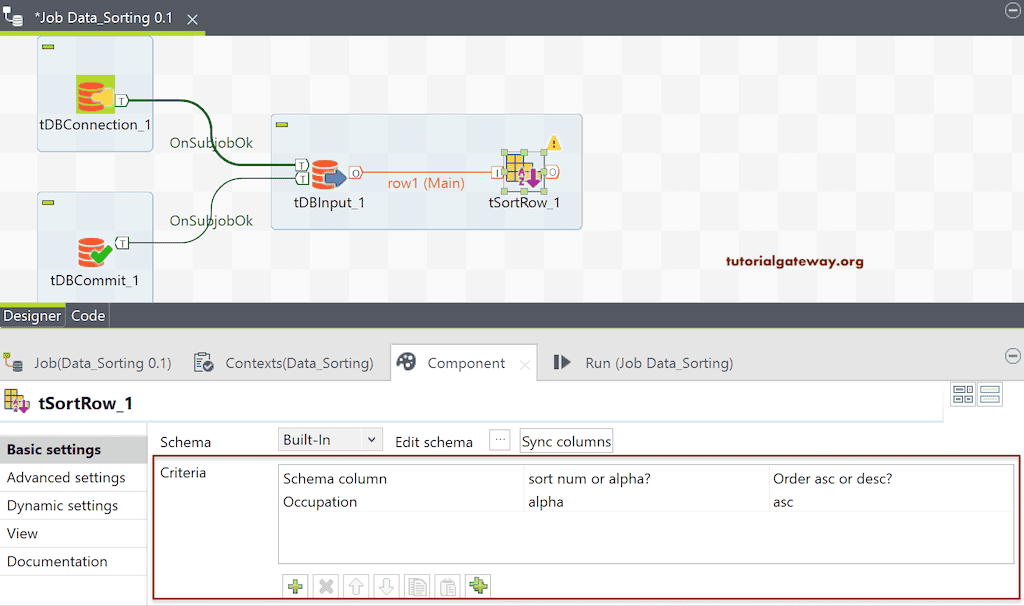 Configure the Columns, Order of the tSortRow to Sort Data