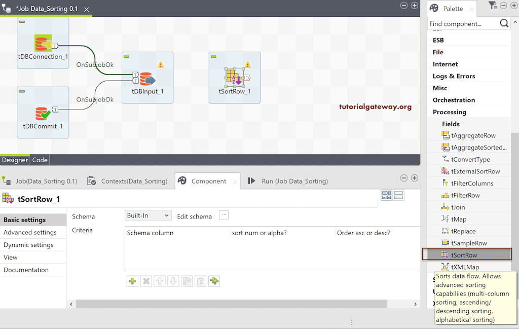 Add tSortRow to Workflow for Sort Data