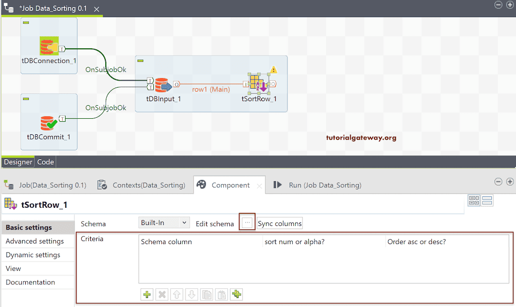Click tSortRow Edit Schema to Sort Data