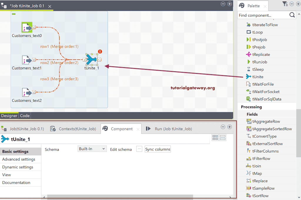 Add Talend tUnite to Unite multiple Source files