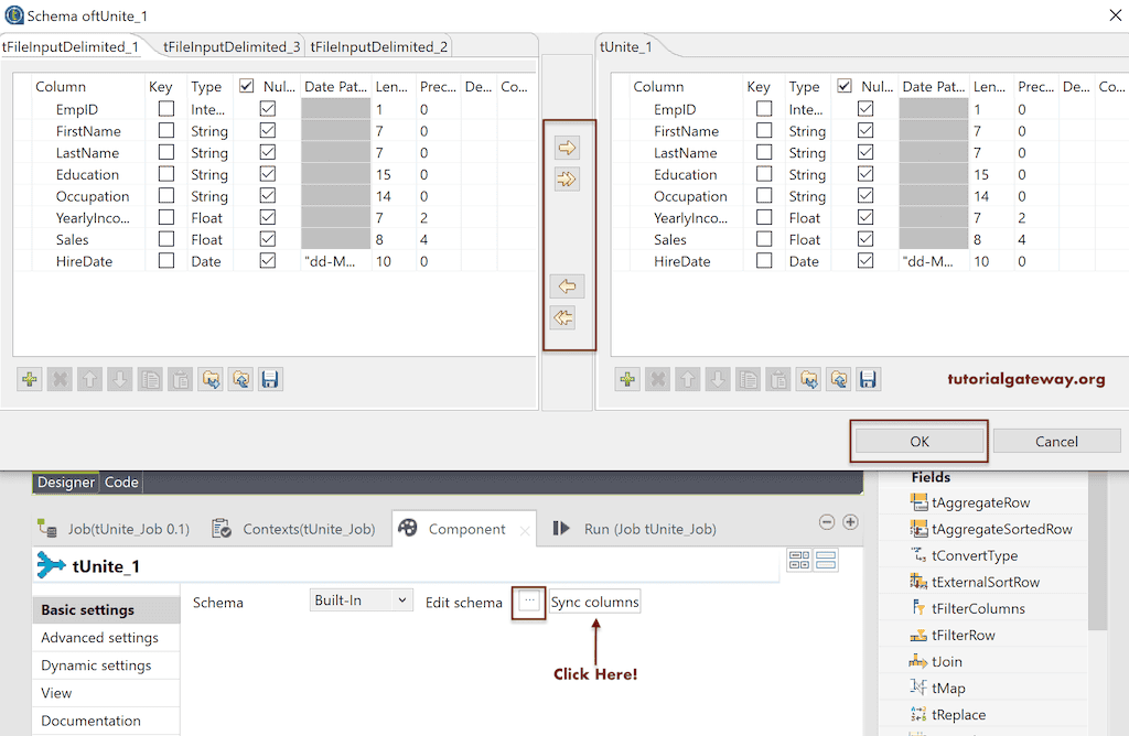 Edit Schema of the Talend tUnite to Unite multiple Source files
