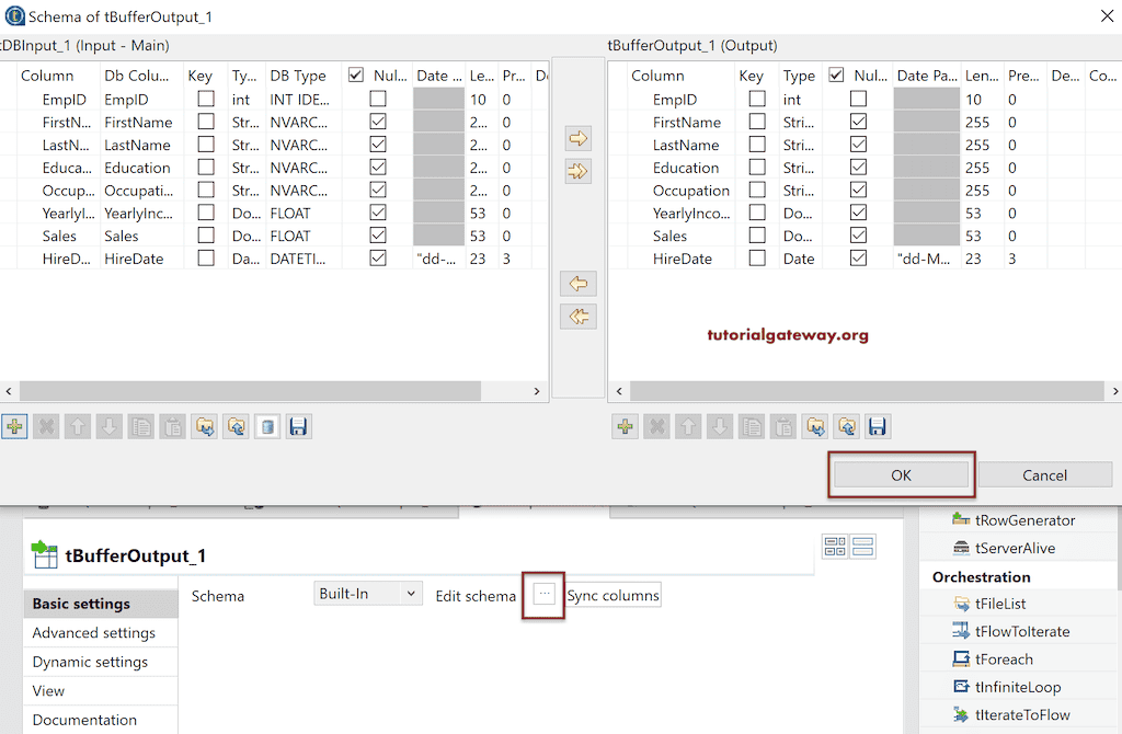 Edit Schema of the Talend tBufferInput and tBufferOutput