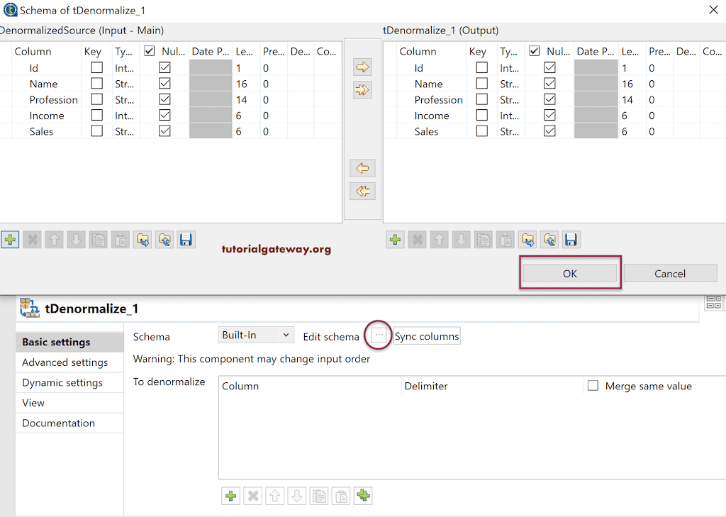 Click the Talend tDenormalize Edit Schema to check the Normalize Columns
