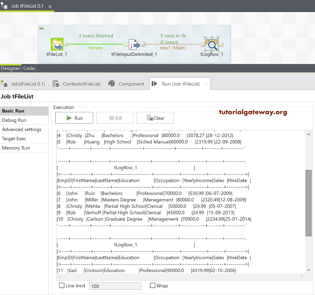 Run the Talend tFileList Job to read multiple files from the list