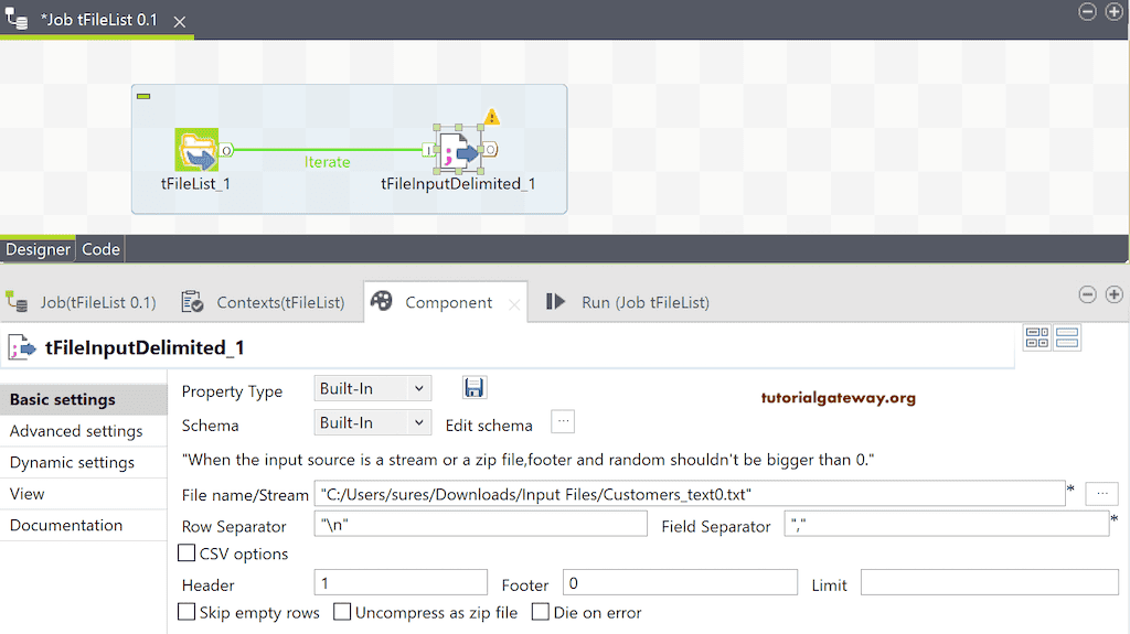 Connect Talend tFileList to tFileInputDelimiter to read multiple files from the list