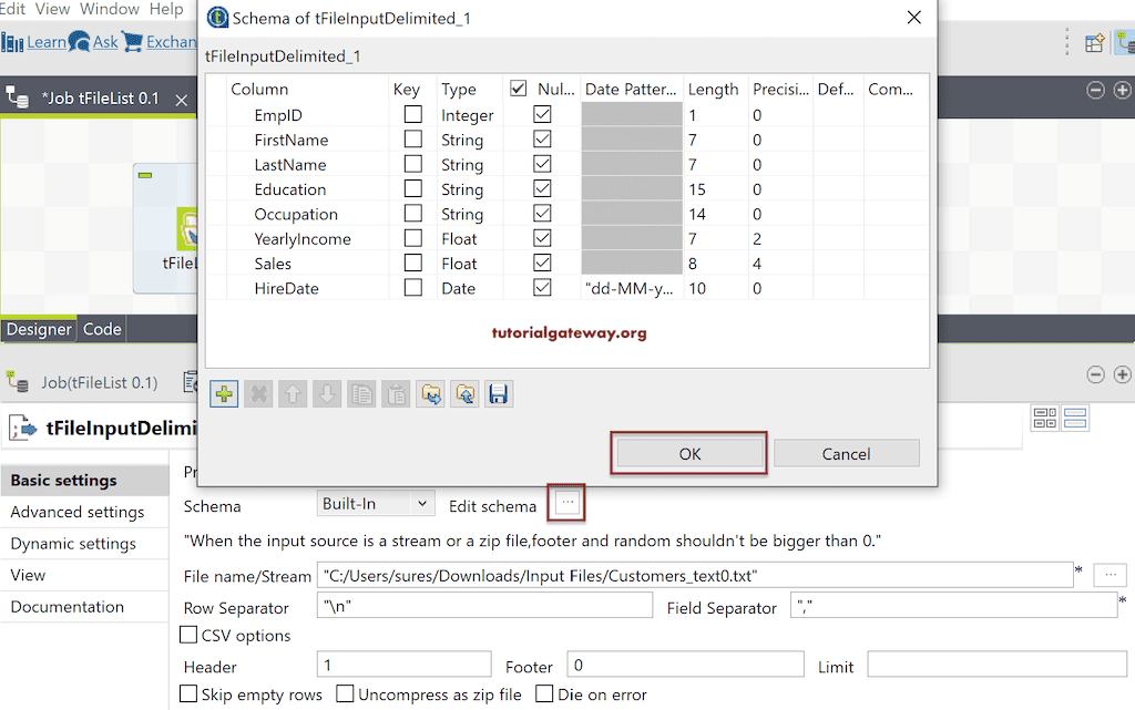 Click the Schema to check the columns